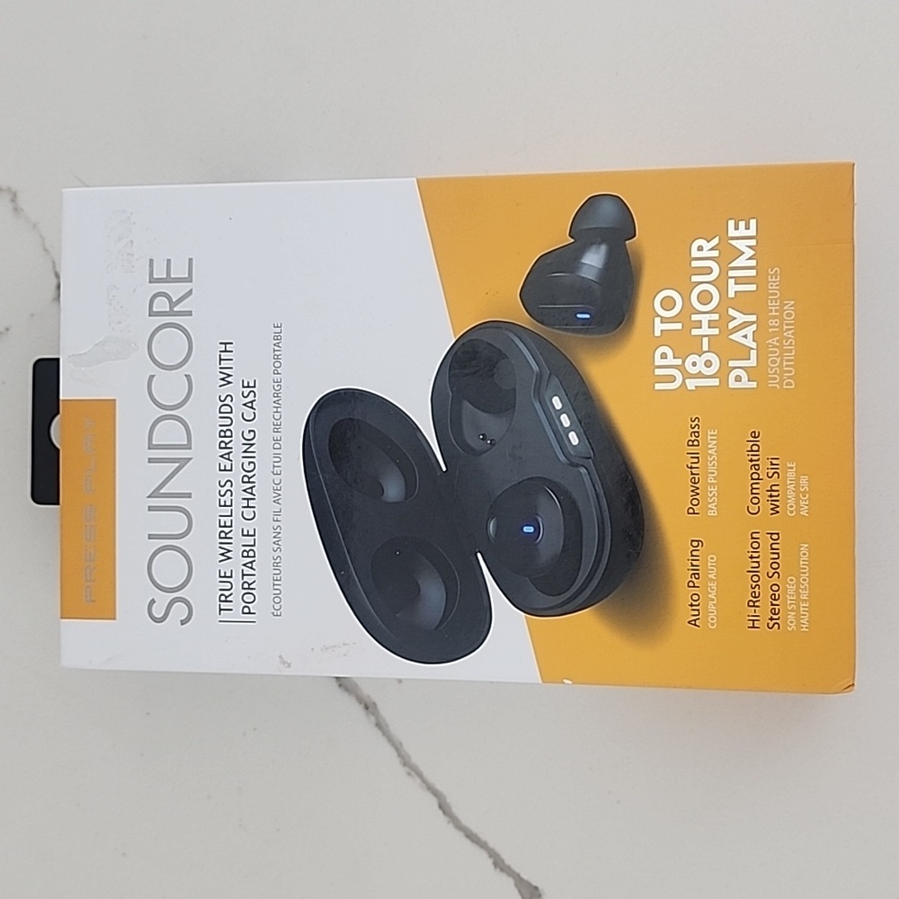 True, wireless earbuds with portable charging case.